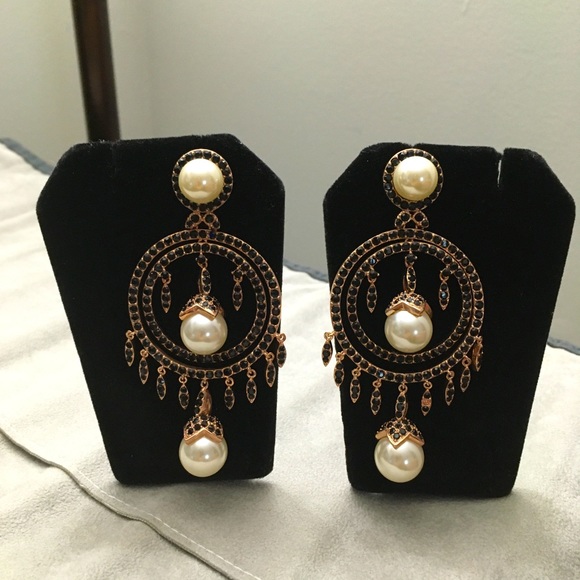 Joan Boyce Brass Rose Plated Pearl Crystal Pair